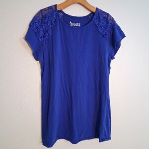 Splash Royal Blue T Shirt Blouse With Lace Detail 2X